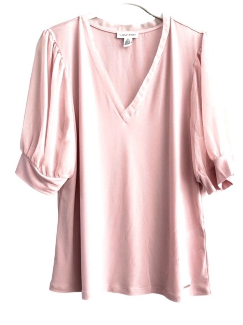 Calvin Klein Short Sleeve Blouse V-neck Top Light Pastel Pink Size M